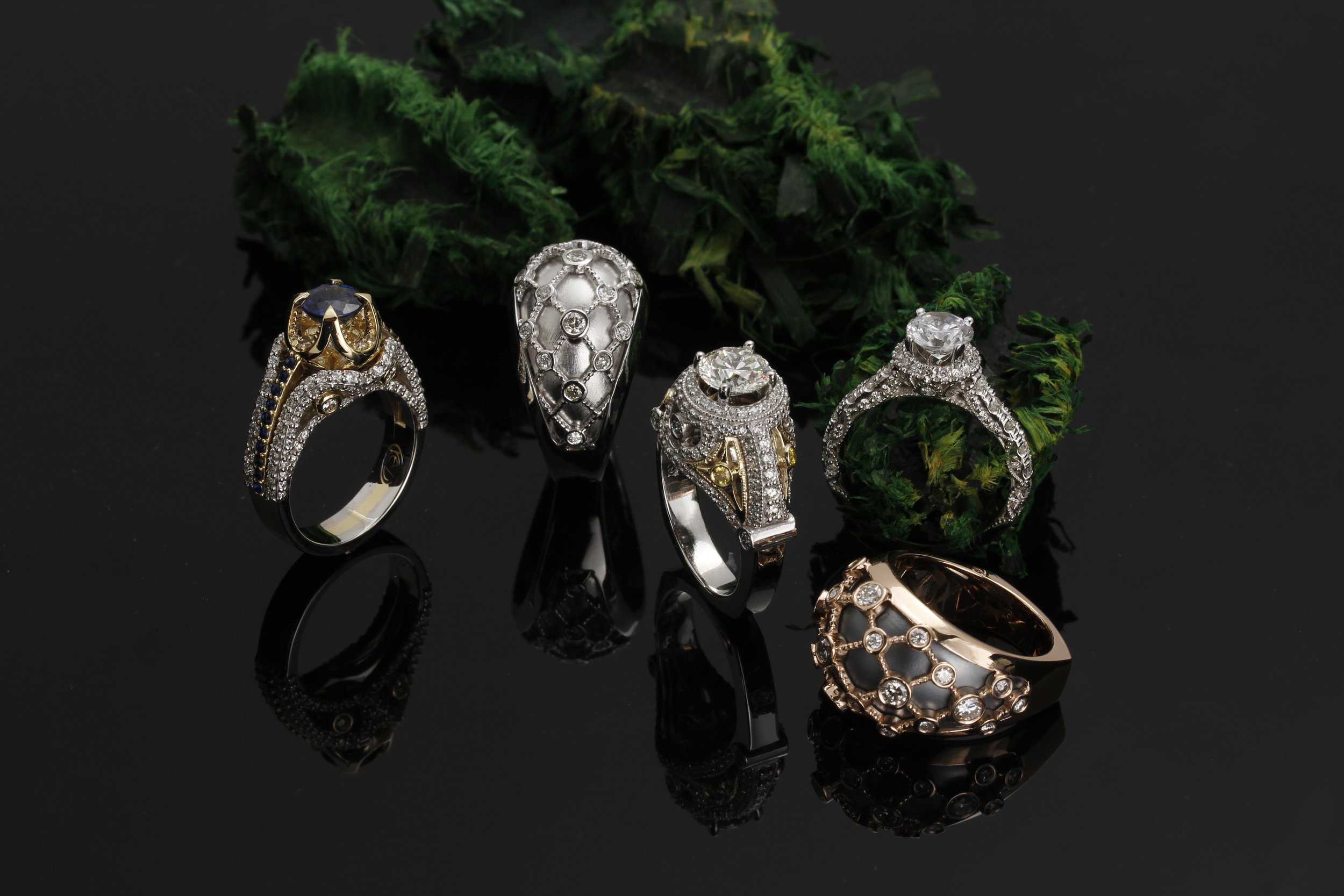 Custom jewelry collection by Kaz Jewelry featuring engagement rings, cocktail rings, and bespoke fine jewelry by Albert Kaz, showcasing craftsmanship and unique design.