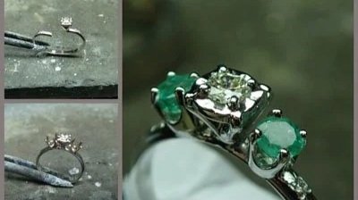 Jeweler at Kaz Jewelry carefully repairing and resizing a custom diamond ring, showcasing expert craftsmanship and precision service."